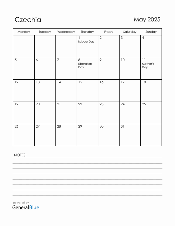 May 2025 Czechia Calendar with Holidays (Monday Start)