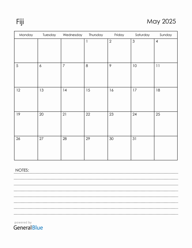 May 2025 Fiji Calendar with Holidays (Monday Start)