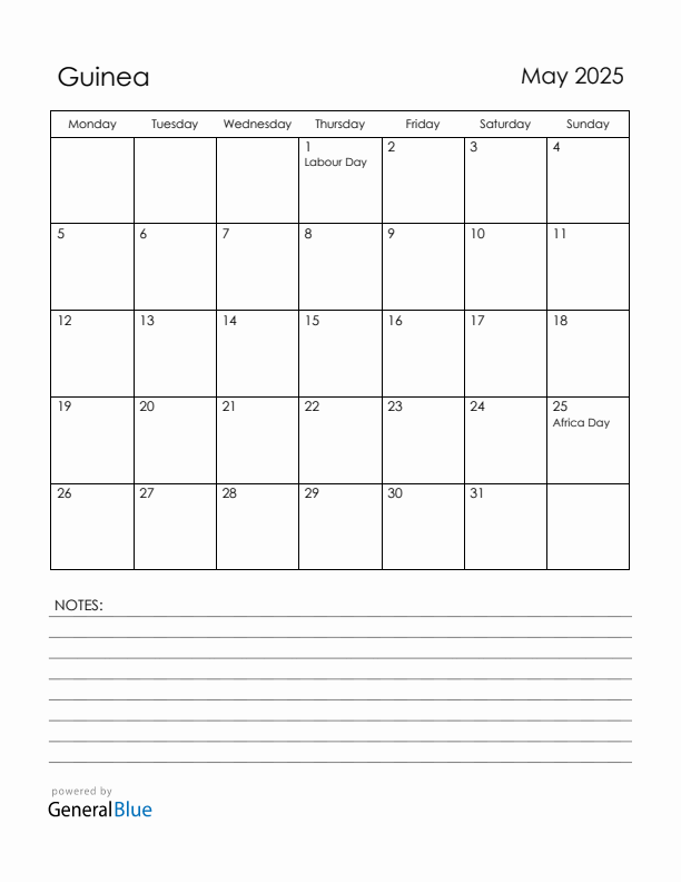 May 2025 Guinea Calendar with Holidays (Monday Start)