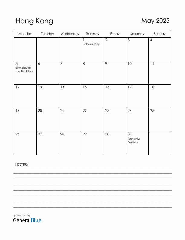 May 2025 Hong Kong Calendar with Holidays (Monday Start)