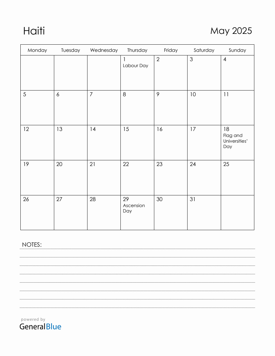 May 2025 Haiti Calendar with Holidays