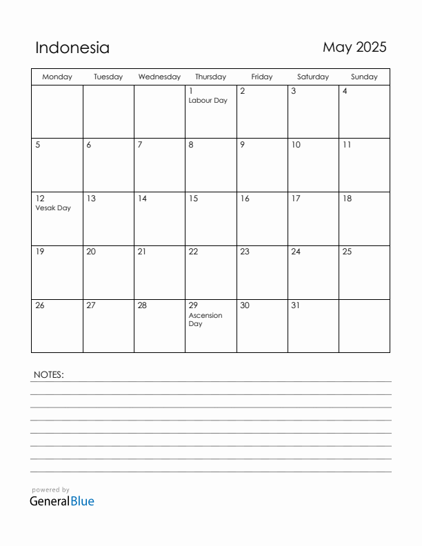May 2025 Indonesia Calendar with Holidays (Monday Start)