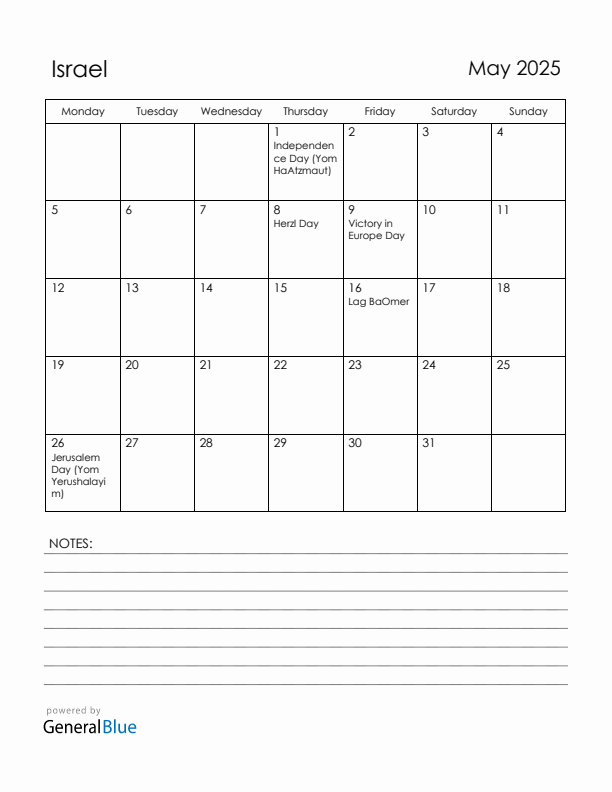 May 2025 Israel Calendar with Holidays (Monday Start)