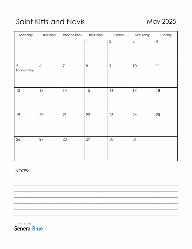 May 2025 Saint Kitts and Nevis Calendar with Holidays (Monday Start)