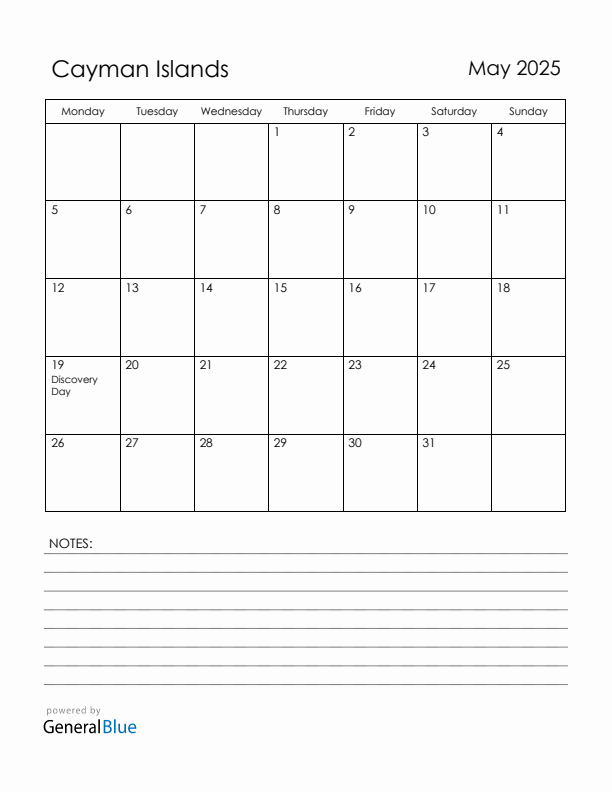 May 2025 Cayman Islands Calendar with Holidays (Monday Start)
