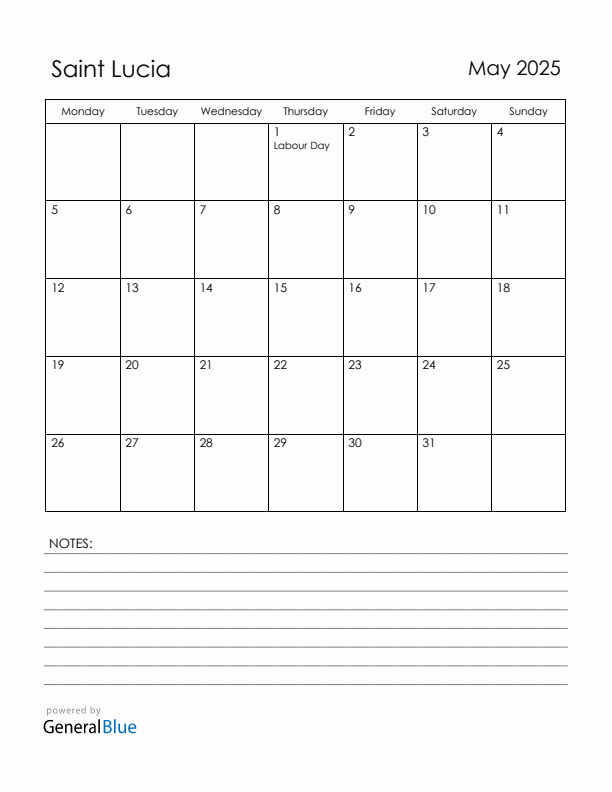 May 2025 Saint Lucia Calendar with Holidays (Monday Start)
