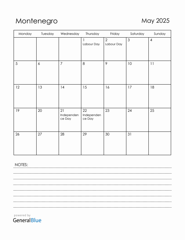 May 2025 Montenegro Calendar with Holidays (Monday Start)