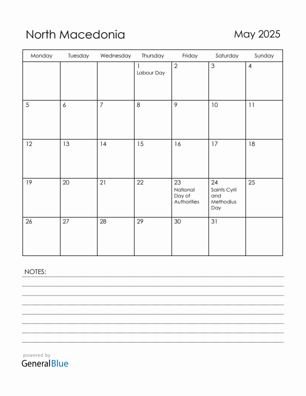 May 2025 North Macedonia Calendar with Holidays (Monday Start)