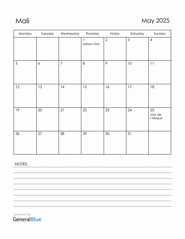 May 2025 Mali Calendar with Holidays (Monday Start)