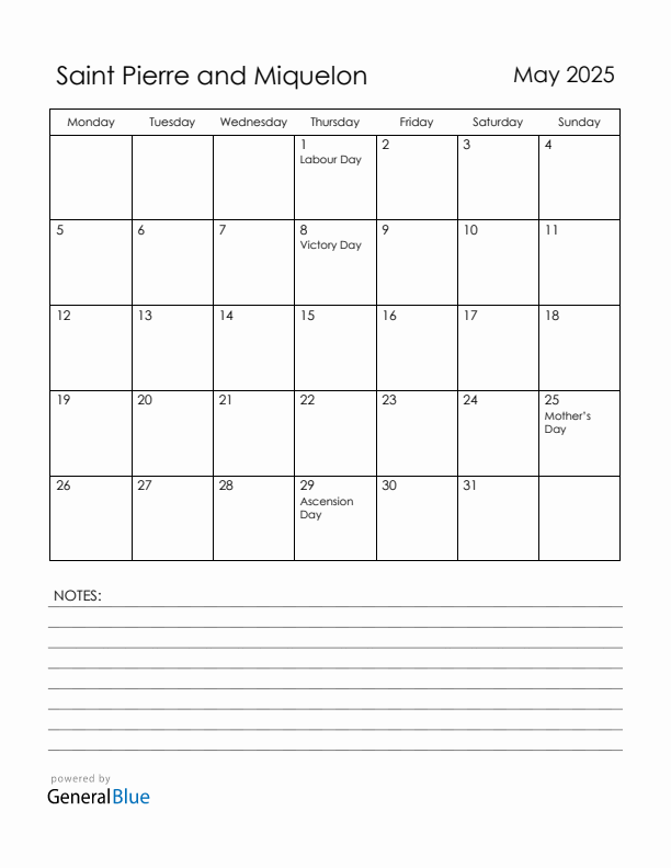 May 2025 Saint Pierre and Miquelon Calendar with Holidays (Monday Start)