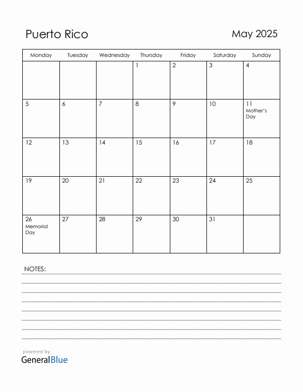 May 2025 Puerto Rico Calendar with Holidays (Monday Start)