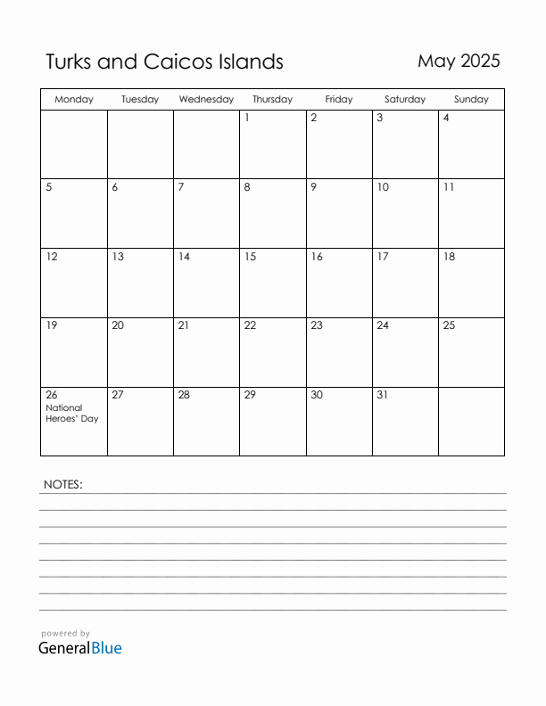May 2025 Turks and Caicos Islands Calendar with Holidays (Monday Start)