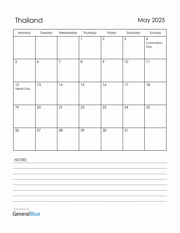 May 2025 Thailand Calendar with Holidays (Monday Start)