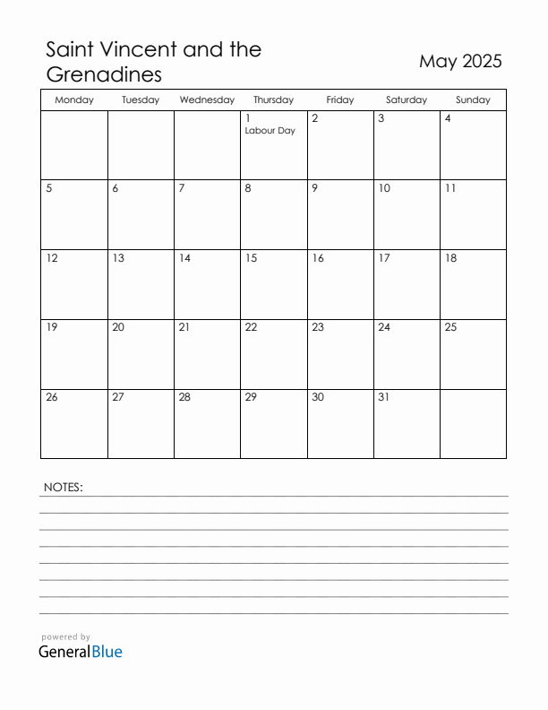 May 2025 Saint Vincent and the Grenadines Calendar with Holidays (Monday Start)