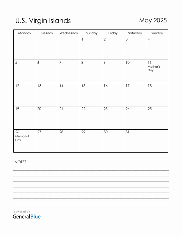 May 2025 U.S. Virgin Islands Calendar with Holidays (Monday Start)