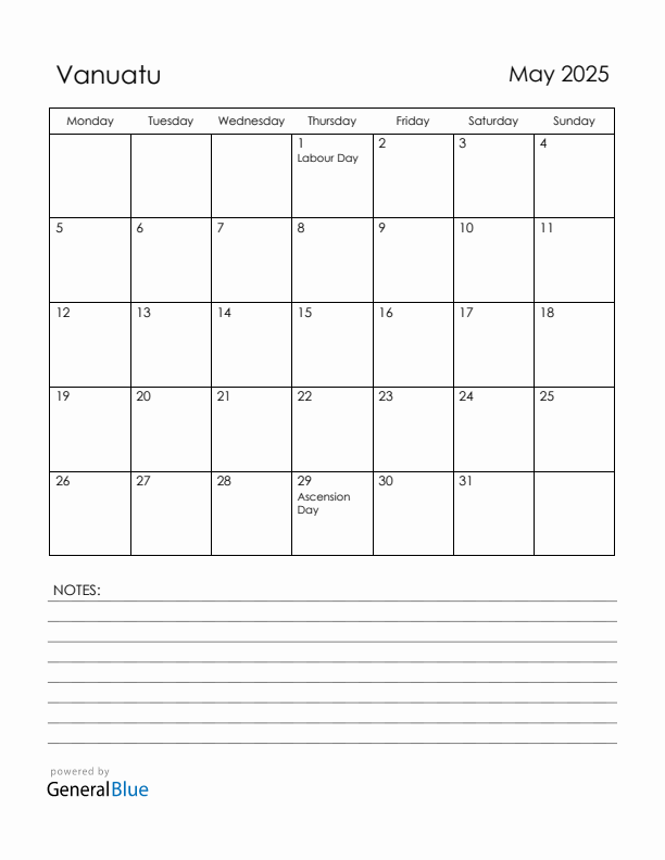 May 2025 Vanuatu Calendar with Holidays (Monday Start)