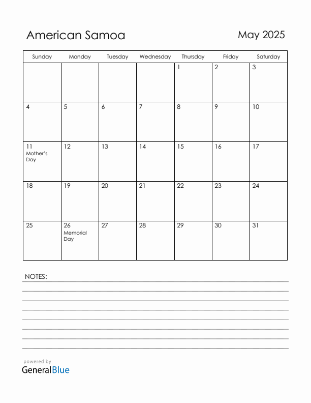 May 2025 American Samoa Calendar with Holidays (Sunday Start)