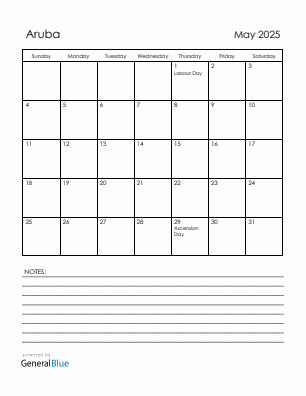 Current month calendar with Aruba holidays for May 2025