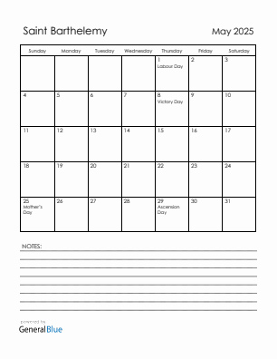 Current month calendar with Saint Barthelemy holidays for May 2025