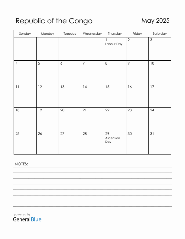 May 2025 Republic of the Congo Calendar with Holidays (Sunday Start)