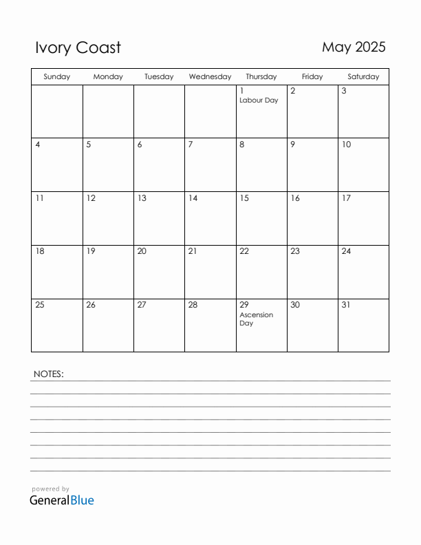 May 2025 Ivory Coast Calendar with Holidays (Sunday Start)