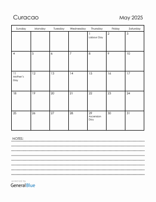 Current month calendar with Curacao holidays for May 2025