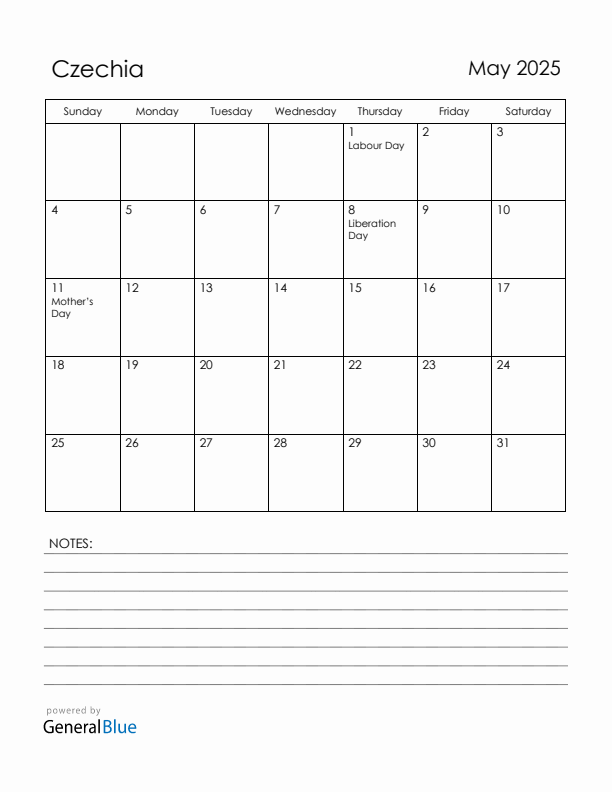 May 2025 Czechia Calendar with Holidays (Sunday Start)