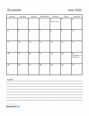 Current month calendar with Ecuador holidays for May 2025
