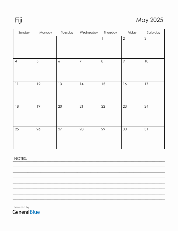 May 2025 Fiji Calendar with Holidays (Sunday Start)