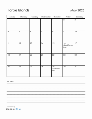 Current month calendar with Faroe Islands holidays for May 2025