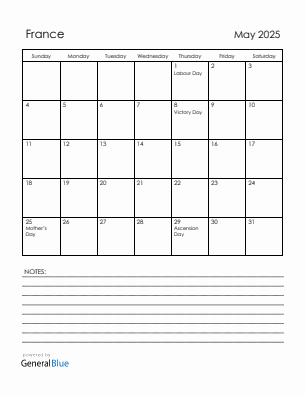 Current month calendar with France holidays for May 2025