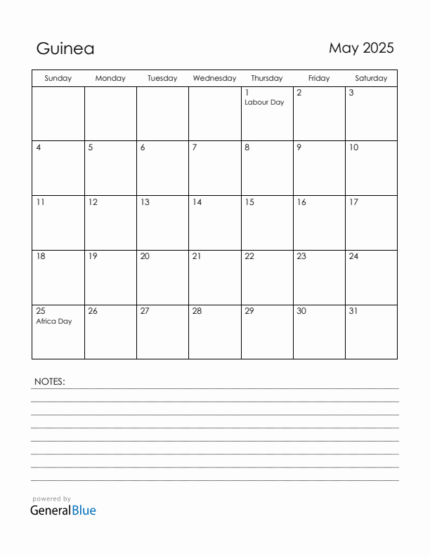 May 2025 Guinea Calendar with Holidays (Sunday Start)