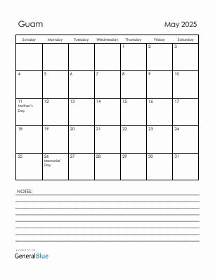 Current month calendar with Guam holidays for May 2025