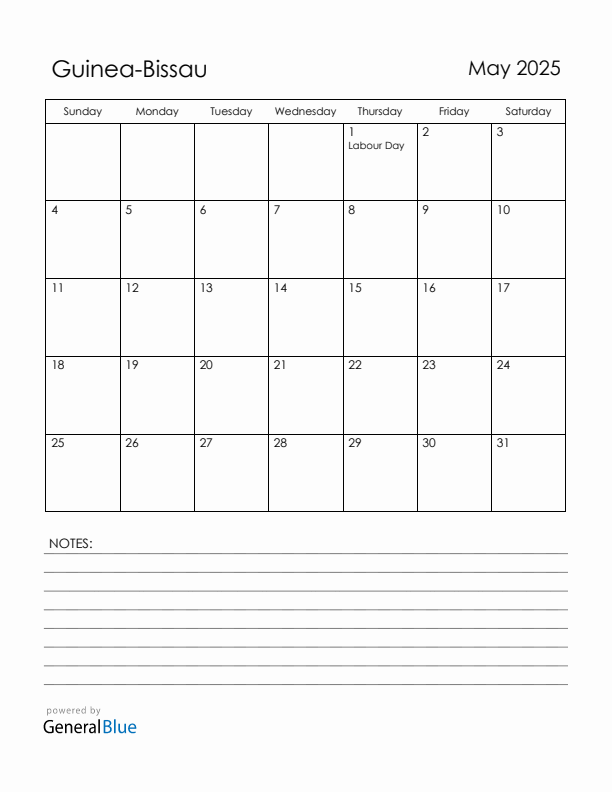 May 2025 Guinea-Bissau Calendar with Holidays (Sunday Start)