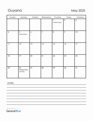 Current month calendar with Guyana holidays for May 2025