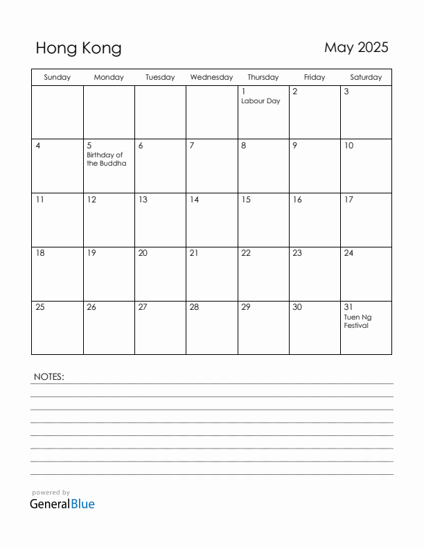May 2025 Hong Kong Calendar with Holidays (Sunday Start)