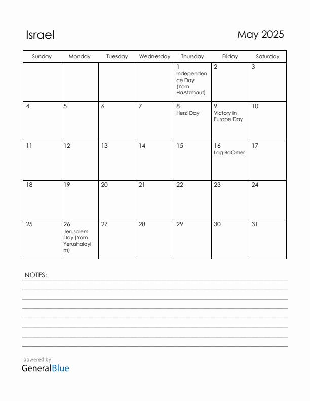 May 2025 Israel Calendar with Holidays (Sunday Start)