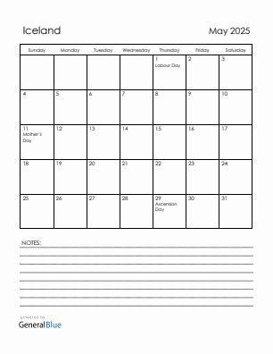 Current month calendar with Iceland holidays for May 2025