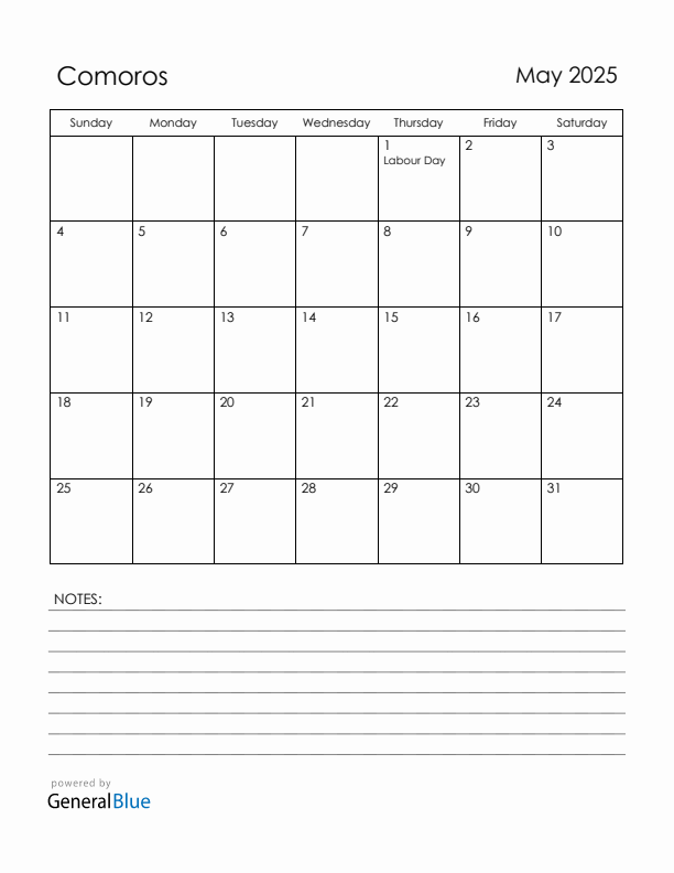 May 2025 Comoros Calendar with Holidays (Sunday Start)