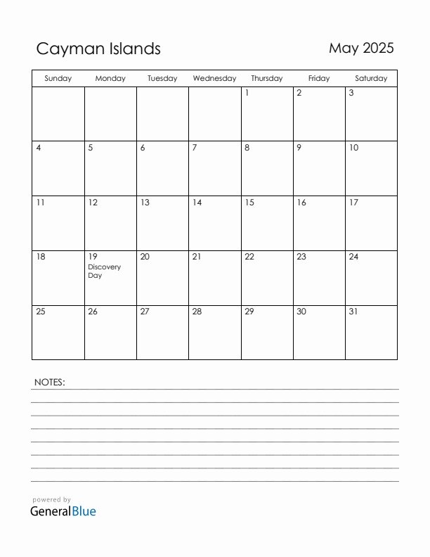 May 2025 Cayman Islands Calendar with Holidays (Sunday Start)