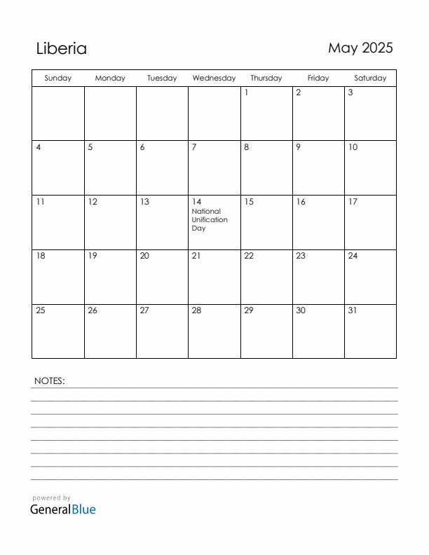 May 2025 Liberia Calendar with Holidays (Sunday Start)