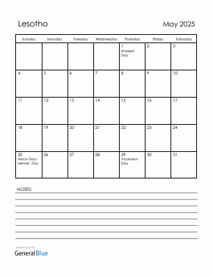 Current month calendar with Lesotho holidays for May 2025