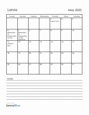 Current month calendar with Latvia holidays for May 2025