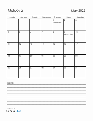 Current month calendar with Moldova holidays for May 2025