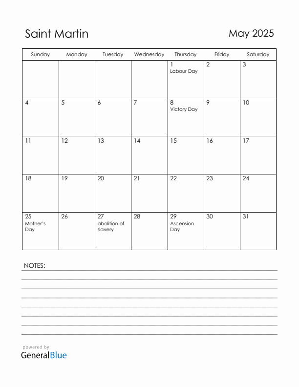 May 2025 Saint Martin Calendar with Holidays (Sunday Start)