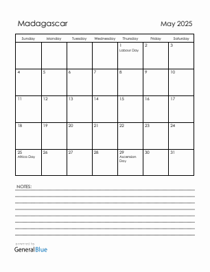 Current month calendar with Madagascar holidays for May 2025
