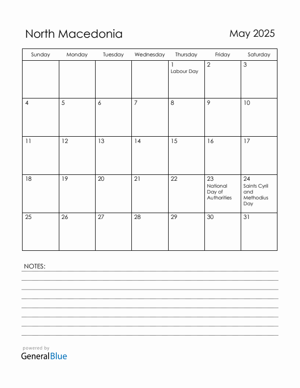 May 2025 North Macedonia Calendar with Holidays (Sunday Start)