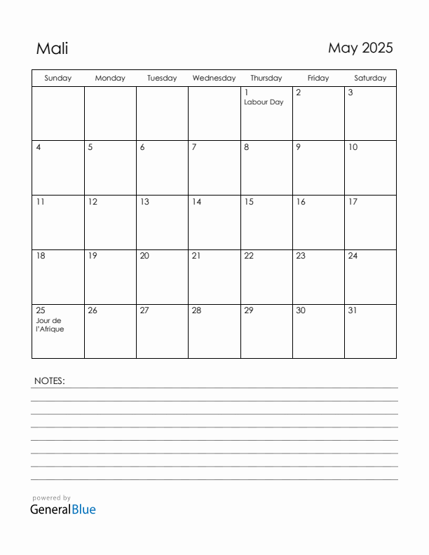 May 2025 Mali Calendar with Holidays (Sunday Start)