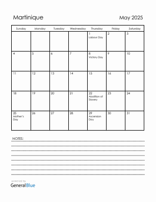 Current month calendar with Martinique holidays for May 2025