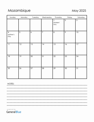 Current month calendar with Mozambique holidays for May 2025